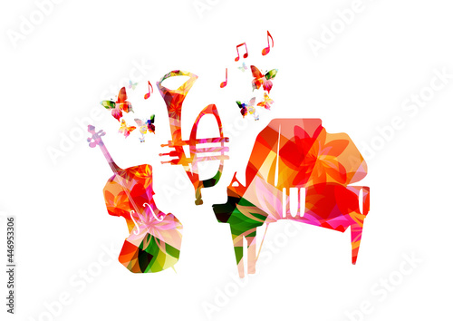 Photography Musical promotional poster with musical instruments colorful vector illustration