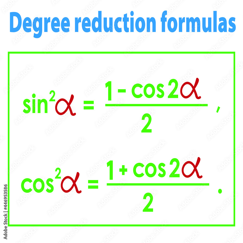 vector illustration depicting mathematical formulas for reducing the degree of trigonometric functions for prints on educational posters and banners, and for interior design of mathematical classrooms vector illustration depicting mathematical formulas for reducing the degree of trigonometric functions for prints on educational posters and banners, and for interior design of mathematical classrooms