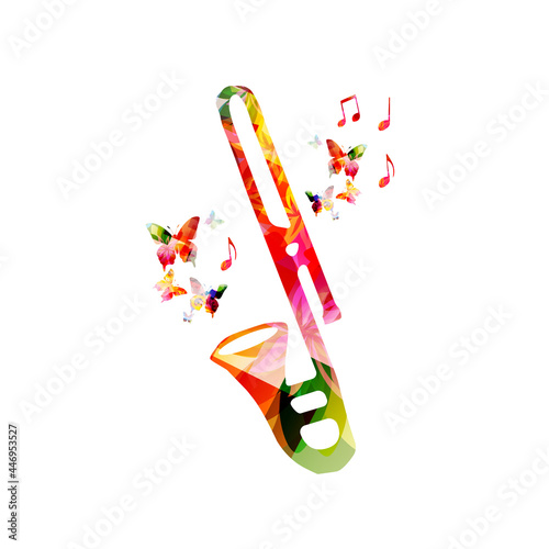 Trombone with musical notes isolated for live concert events, jazz music festivals and shows, party flyer. Musical promotional poster with musical instrument colorful vector illustration