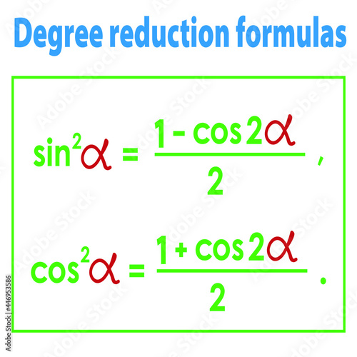 vector illustration depicting mathematical formulas for reducing the degree of trigonometric functions for prints on educational posters and banners, and for interior design of mathematical classrooms