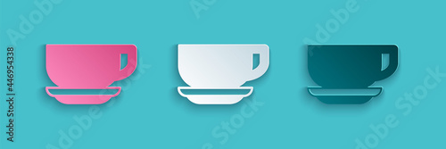 Paper cut Coffee cup icon isolated on blue background. Tea cup. Hot drink coffee. Paper art style. Vector