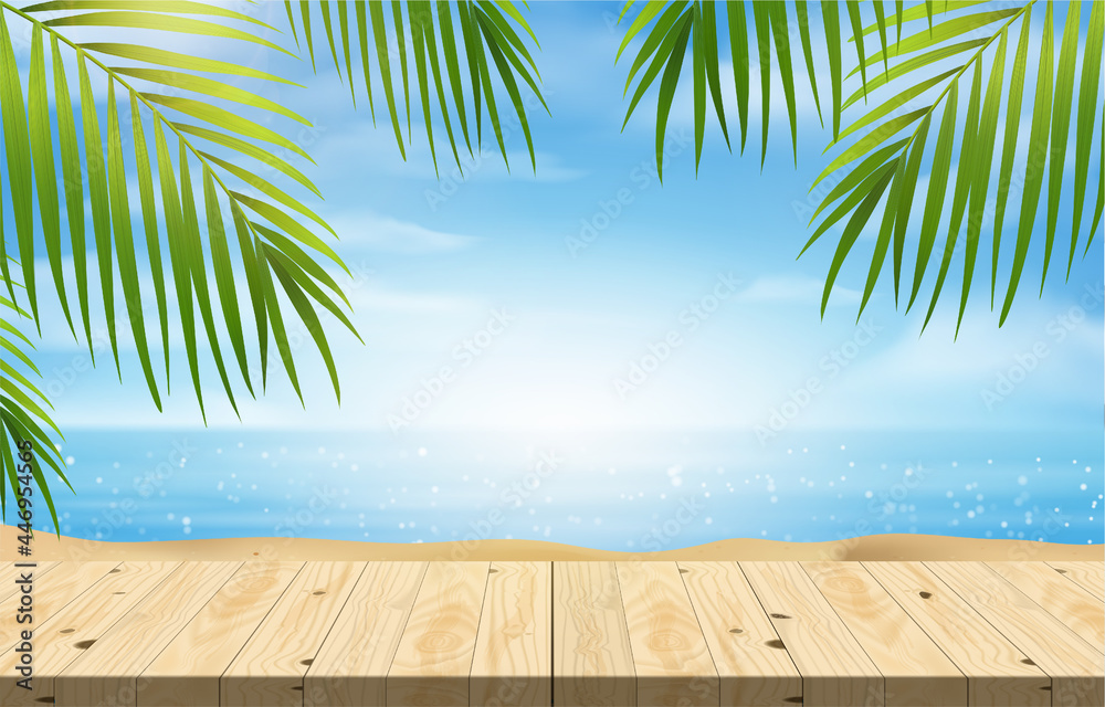 Empty Wood Table Pedestal Product Display Summer Beach With Blue Sea