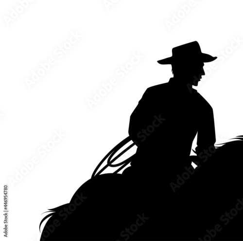 horseback cowboy with lasso - wild west ranger riding horse black and white vector silhouette copy space design