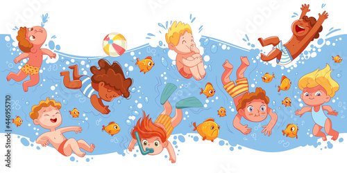 Children have fun diving under water. Funny cartoon character. Seamless panorama
