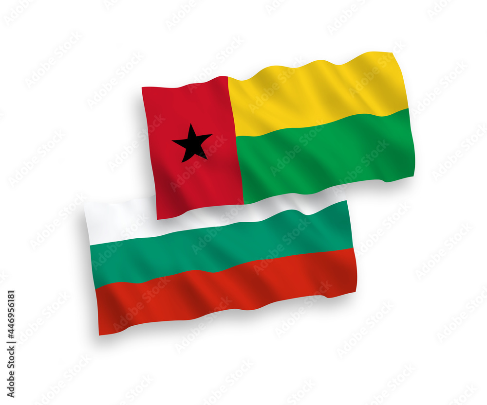 National vector fabric wave flags of Bulgaria and Republic of Guinea Bissau isolated on white background. 1 to 2 proportion.