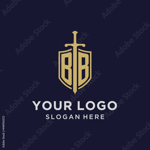 BB logo initial monogram with shield and sword design
