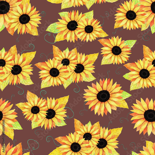 Hand drawn seamless pattern of composition blooming sunflowers and colorful leaves. Decorative autumn watercolor bouquet illustration for design card, invitation, wallpaper, wrapping paper, fabric