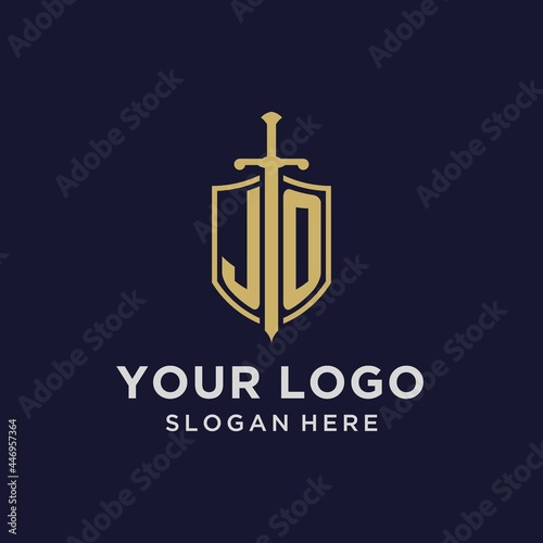 JO logo initial monogram with shield and sword design