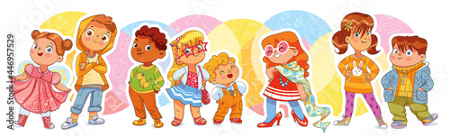 Fashion children. Funny cartoon character. Vector illustration. Seamless panorama