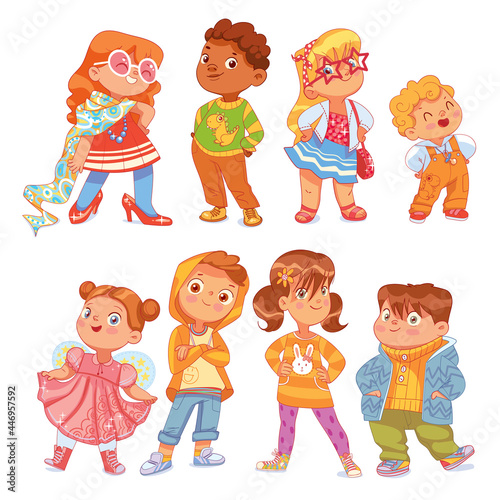 Fashion children. Funny cartoon character. Vector illustration