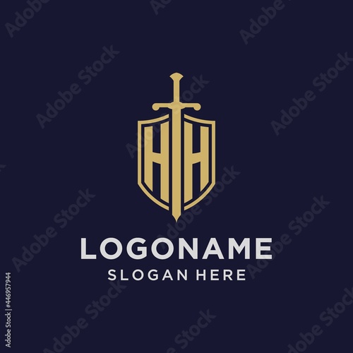 HH logo initial monogram with shield and sword design