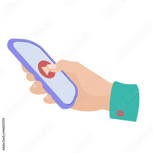 Hand hold phone with play icon Flat vector icon illustration on white background