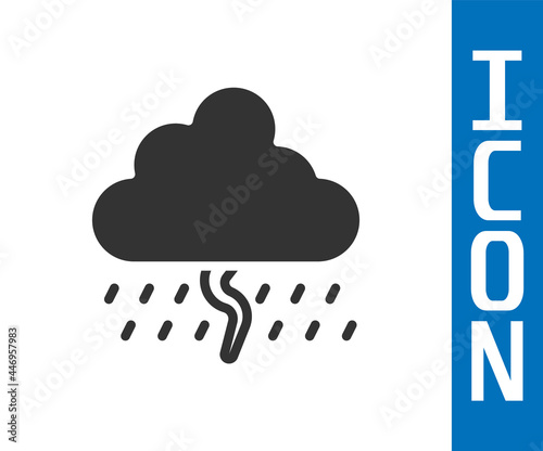 Grey Cloud with rain and lightning icon isolated on white background. Rain cloud precipitation with rain drops.Weather icon of storm. Vector