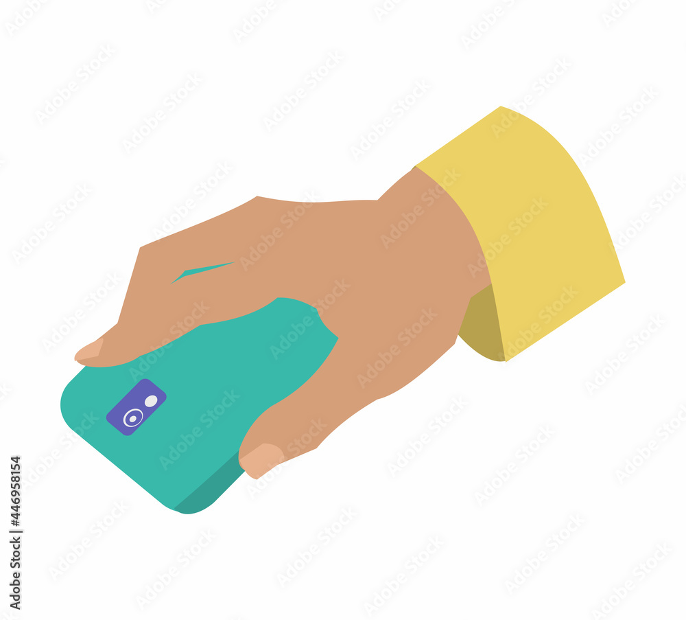 Fototapeta premium Hand hold green phone Flat vector illustration on white background