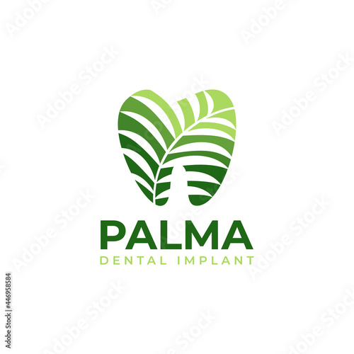 palma dental implant logo, tooth with negative space palm leaves vector