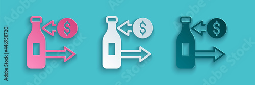 Paper cut Reception and sale of glass bottles icon isolated on blue background. Paper art style. Vector