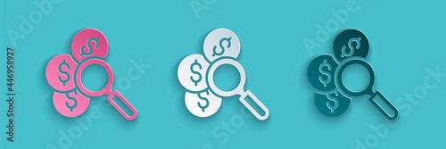 Paper cut Search for money icon isolated on blue background. Paper art style. Vector