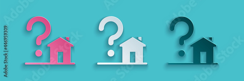 Paper cut House with question mark icon isolated on blue background. Housing problems, questions. Paper art style. Vector