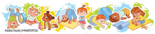 Kids Yoga. Funny cartoon character. Panorama