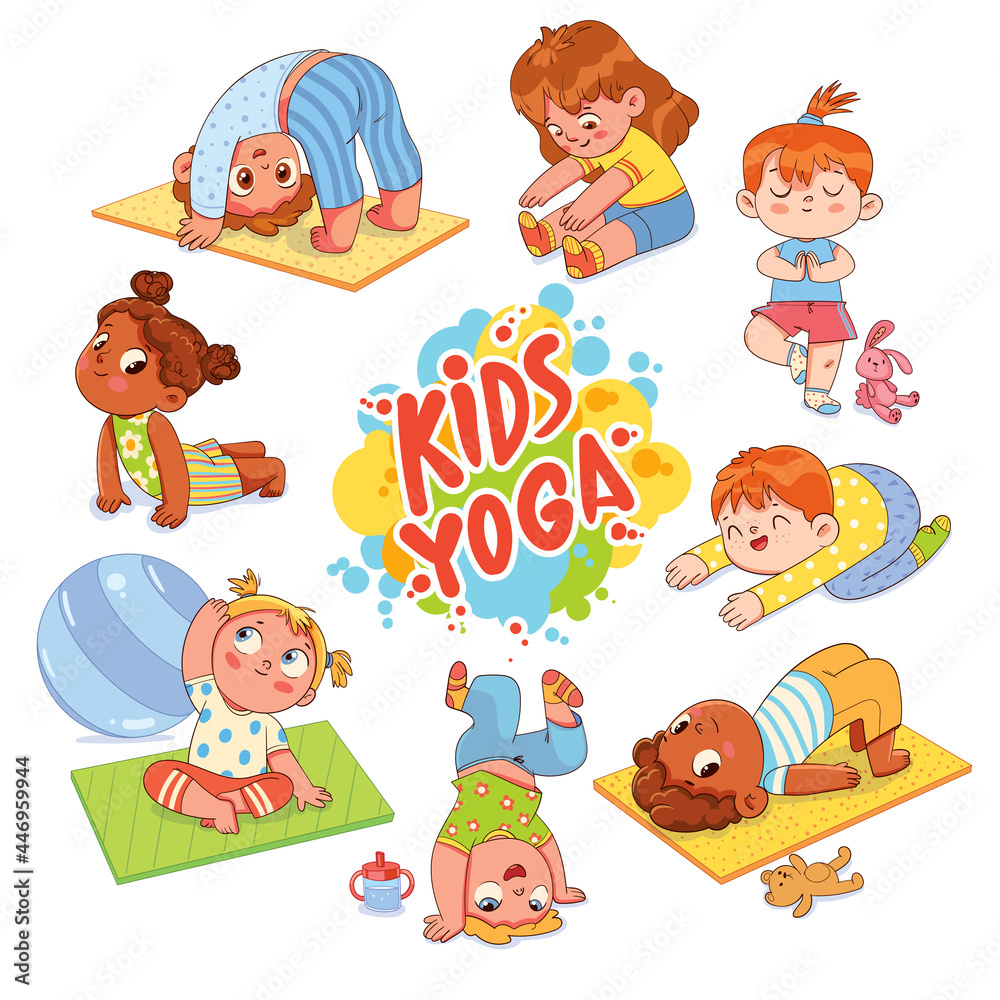 Kids Yoga. Funny cartoon character. Isolated on white background Stock  Vector | Adobe Stock