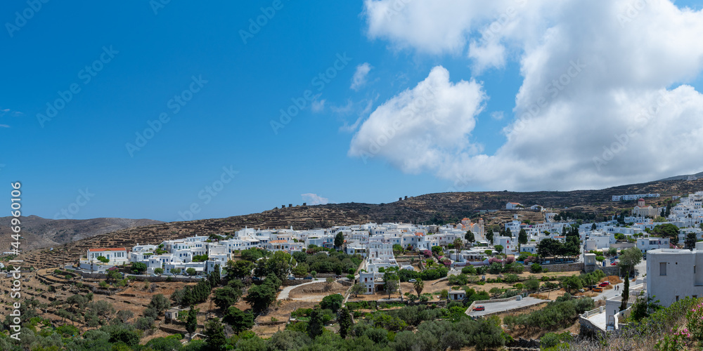Panoramic view of Pyrgos (Panormos) village in Tinos island, Greece