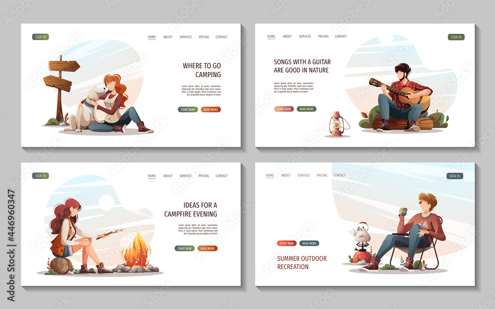 Set of web pages with people sitting in the campsite in nature. Summertime camping, traveling, trip, hiking, camper, nature, journey concept. Vector illustration for poster, banner, website.