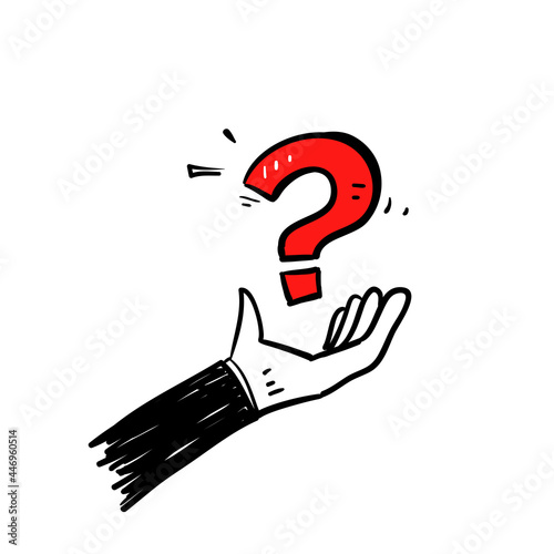 hand drawn doodle question mark on palm hand illustration isolated