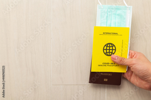 Wallpaper Mural Hand holding vaccine passports as proof that the holder has been vaccinated against Covid-19, Requirement for international travel. Torontodigital.ca