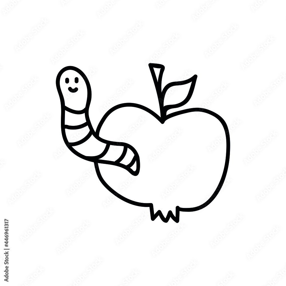 Naklejka premium Single hand drawn apple with a worm. Doodle vector illustration. Isolated on a white background.