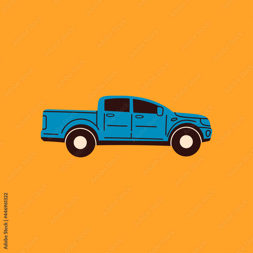 Blue pickup car or truck. Side view. Colored isolated Icon. Logo, print template. Automobile, Vehicle, motor transport concept. Cartoon style. Hand drawn trendy Vector illustration