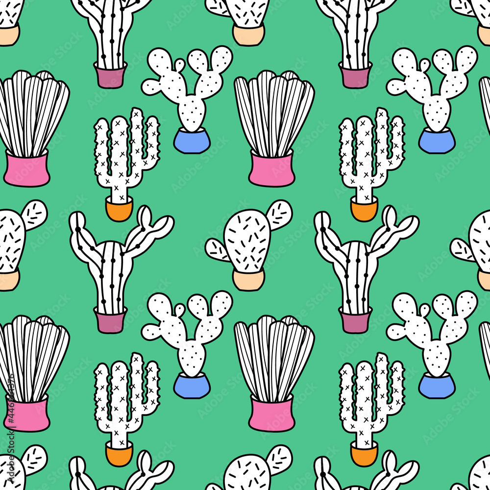 Fototapeta premium Cactus doodle seamless pattern vector illustration. Exotic plant.