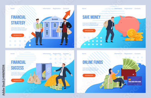 Collection of finance services landing page vector flat illustration. Banking industry homepage