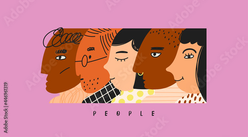 Various faces. Stylish characters in a row. Abstract people portraits. View from side. Collage of different profiles. Hand drawn colored trendy Vector illustration. Poster, print or banner template