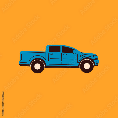 Blue pickup car or truck. Side view. Colored isolated Icon. Logo, print template. Automobile, Vehicle, motor transport concept. Cartoon style. Hand drawn trendy Vector illustration