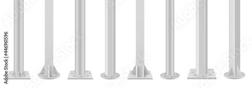 Collection of realistic metal poles vector illustration. Set of glossy steel pipes, chrome pillars
