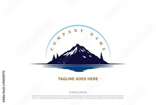 Mountain with Pine Cedar Conifer Cypress Evergreen Tree Forest and Lake River Creek Logo Design Vector