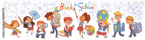 Back to school. Little children holding big school stationery. Long banner