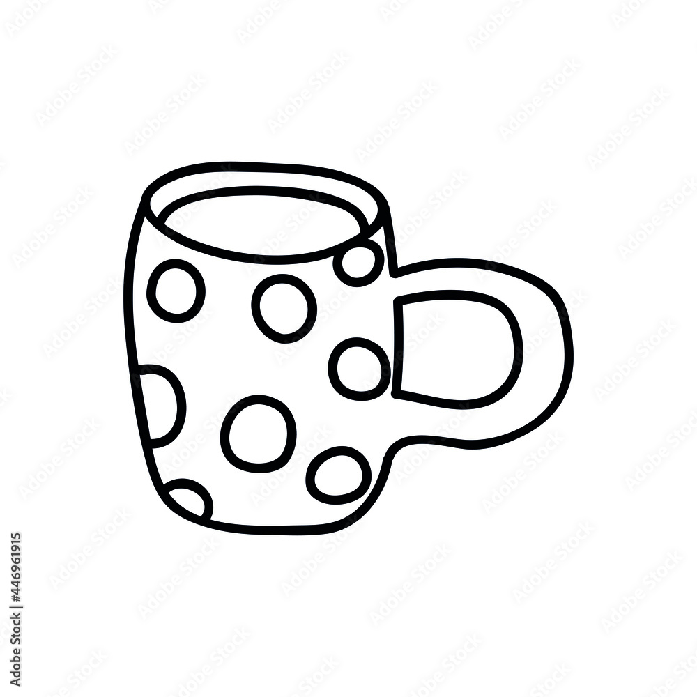 Single hand drawn cup of coffee, cappuccino, chocolate, cocoa, americano or tea. Doodle vector illustration. Isolated on a white background.