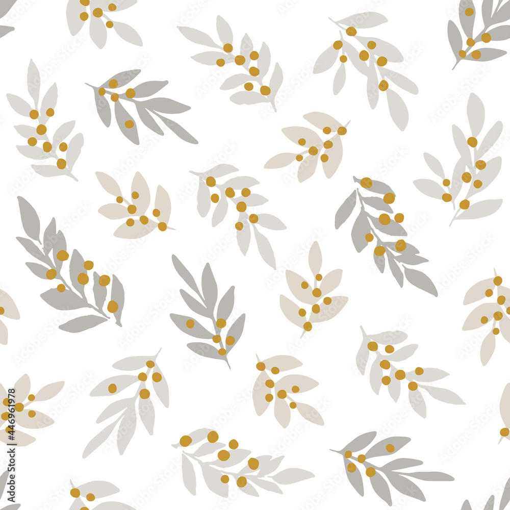 Winter floral seamless pattern. Christmas doodle vector illustration. Leaves, branches, berries. 