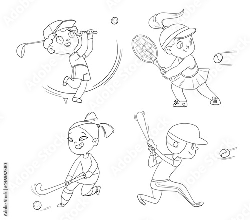 Team olympic sport. Field hockey, baseball, tennis, golfing. Set