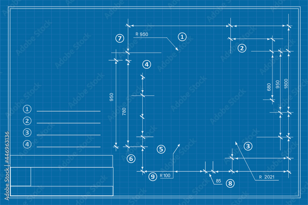 Template drawing plan scheme with dimensions, strings