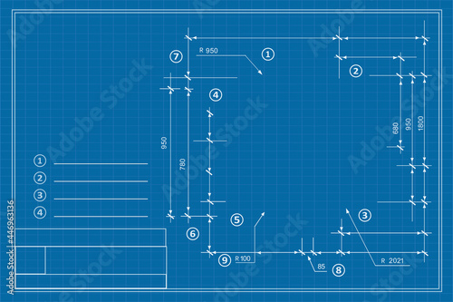 Template drawing plan scheme with dimensions, strings