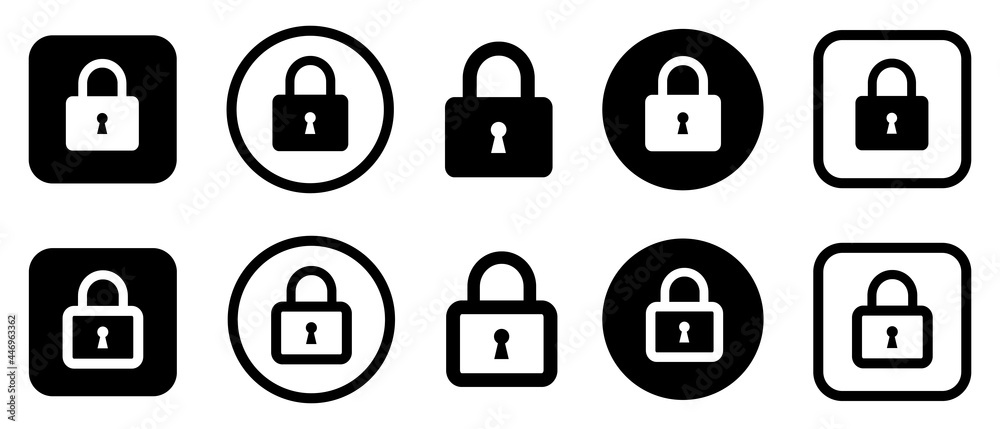 Set of lock icons, lock icon. Lock, icons in circles and squares. Safety symbols. Vector illustration. Set of lock icons, lock icon. Lock, icons in circles and squares. Safety symbols. Vector illustration.