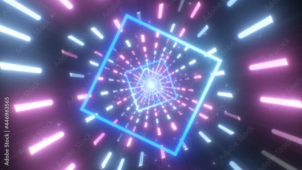 Fly in Futuristic Neon Laser Tunnel Retro Pink Blue Flashing Lights - 4K Seamless VJ Loop Motion Background Animation