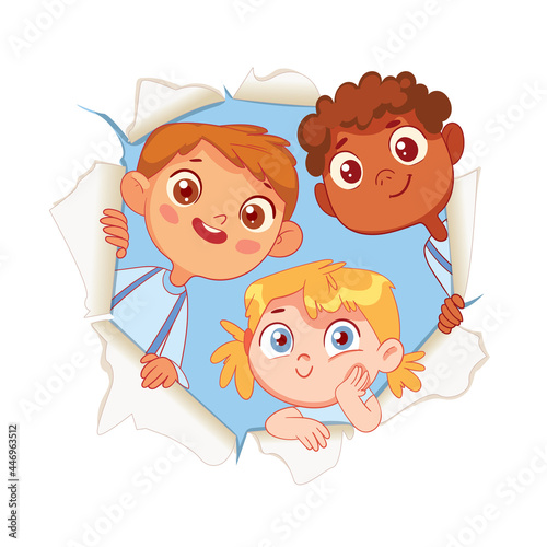 Children look through a torn paper hole
