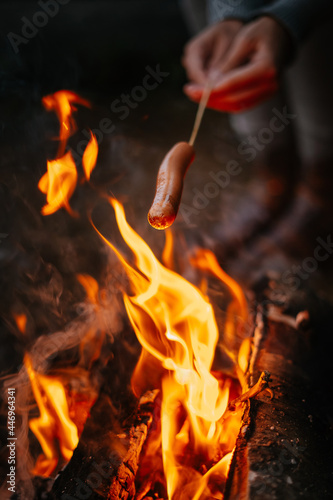 Traveler cooks delicious sausages on a campfire in a summer forest. Hiking and camping in the forest cooking on fire.
