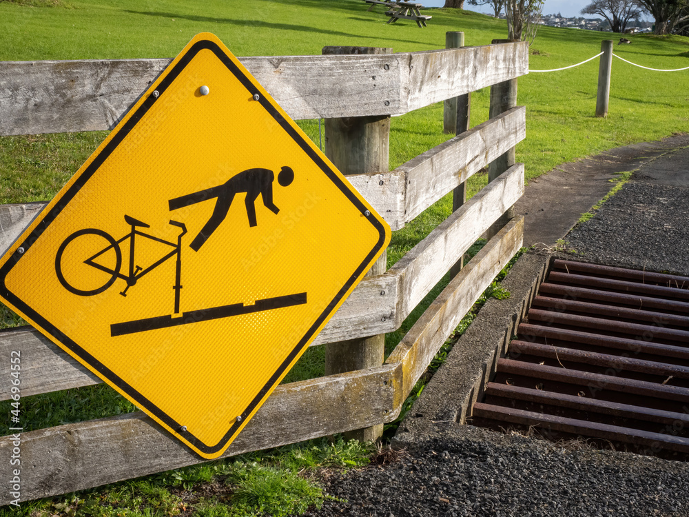 Nz Cyclist Use Ramp Sign Cyclists take care on rail tracks (W15-11) sign. New Zealand road signs ...
