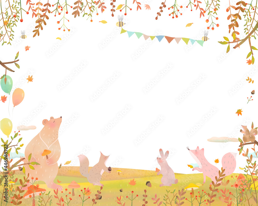 北欧風オシャレな秋の植物や森の動物のいる風船が飛ぶ風景の白バックフレームのイラスト Stock Illustration Adobe Stock