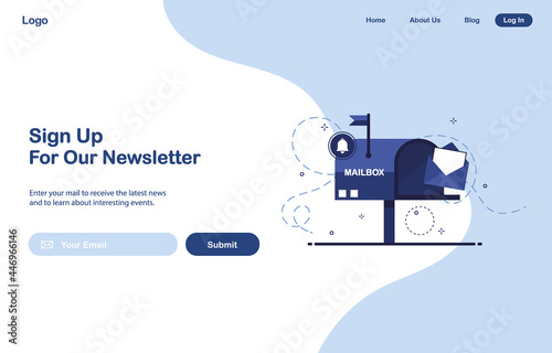 Vector banner illustration of email marketing. Subscription to newsletter, news, offers, promotions. Mailbox with letters. Buttons template. Subscribe, submit. Send by mail. Blue and White. Eps 10