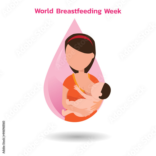 World Breastfeeding Week, 1-7 August.  banner, mother day clip art. Child drinks milk from the female breast. 